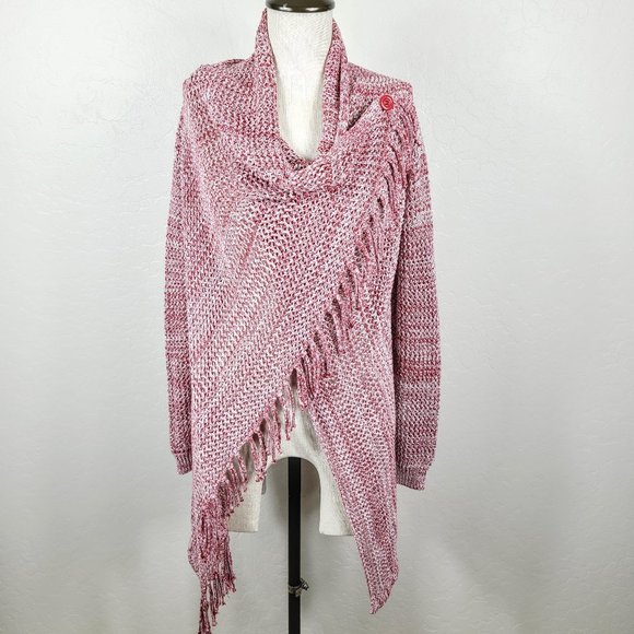 LOVESTITCH Cardigan Sweater M Red Marled Knit Fringed Asymmetrical Long Sleeve